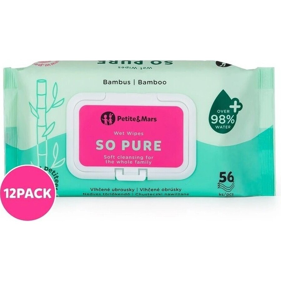 12x PETITE&MARS Wet Wipes SO PURE bamboe biologisch afbreekbare plastic-vrije vochtige doekjes 56 stuks 1×56 stuks, vochtige doekjes