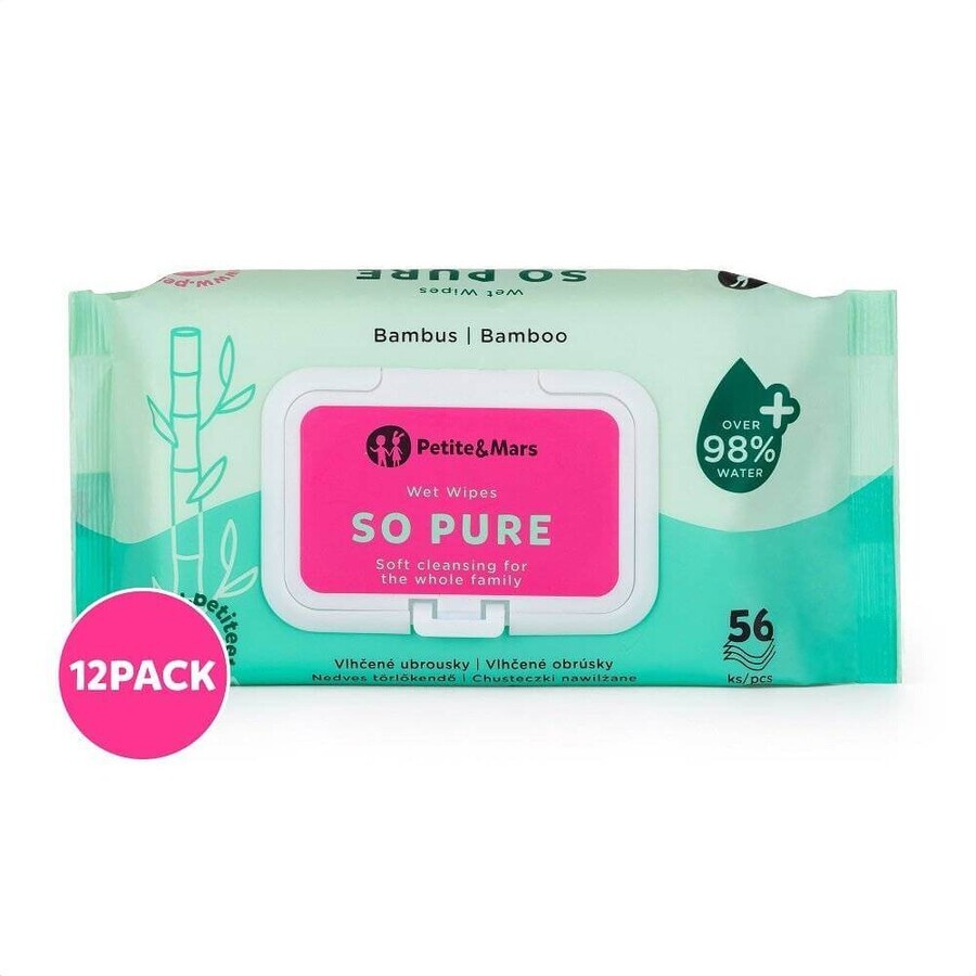 12x PETITE&MARS Wet Wipes SO PURE bamboe biologisch afbreekbare plastic-vrije vochtige doekjes 56 stuks 1×56 stuks, vochtige doekjes