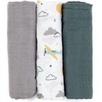 PETITE&MARS Bamboo Muslin Nappy Set 3pcs Moussy Grey Planes, 68 x 68 cm 1×3 pcs, nappy set