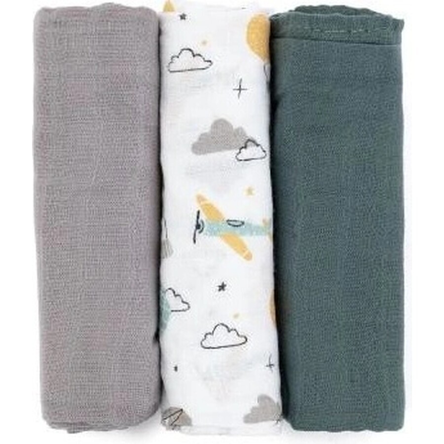 PETITE&MARS Bamboo Muslin Nappy Set 3pcs Moussy Grey Planes, 68 x 68 cm 1×3 pcs, nappy set