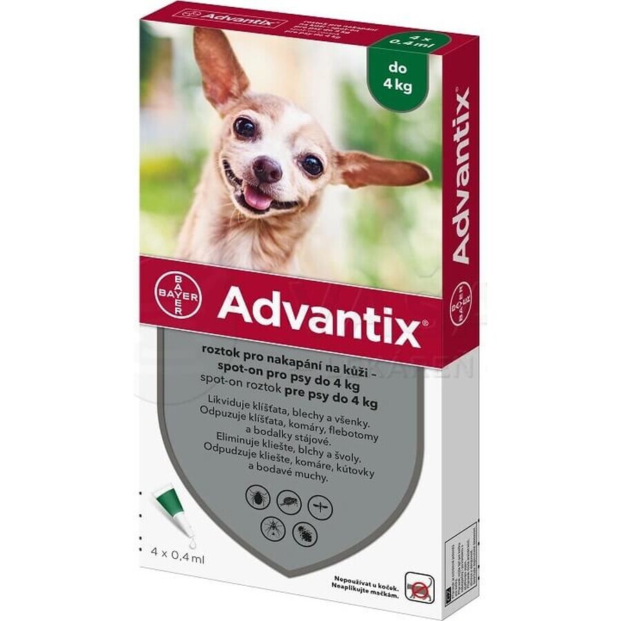 Advantix Spot-on voor honden tot 4 kg 4×0,4 ml, pipet