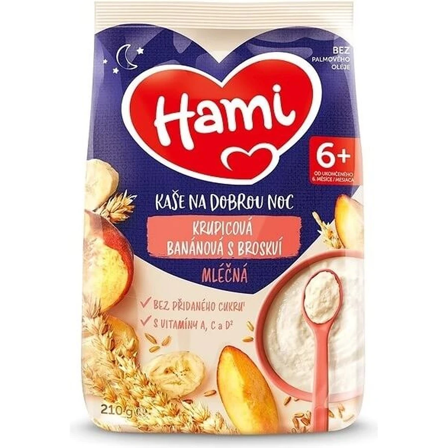 HAMI Gachas de plátano y sémola con melocotón 1×210 g, gachas de sémola
