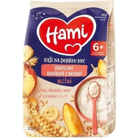 HAMI Gachas de plátano y sémola con melocotón 1×210 g, gachas de sémola
