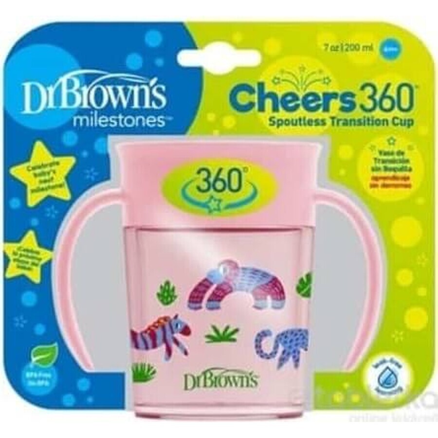 Tasse DR.BROWNS CHEERS 360° JUNGLE 6M+ CHEERS 360° JUNGLE 6M+ rose 1×200 ml, boisson anti-goutte, anti-déversement