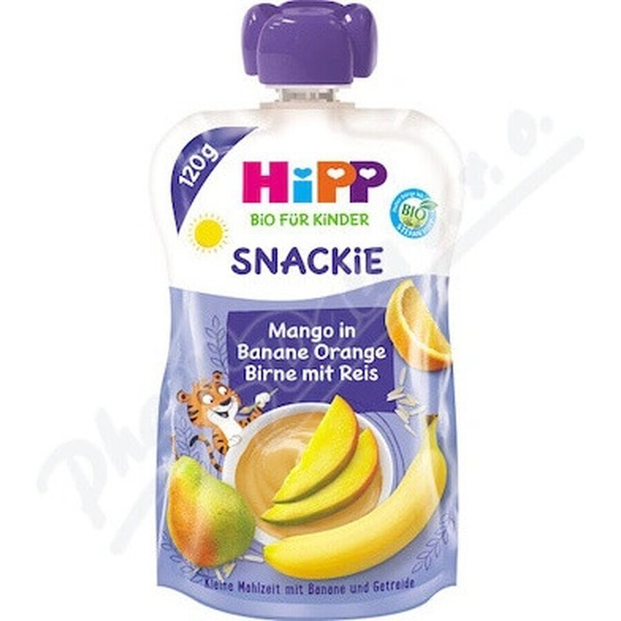 HiPP BIO KINDER Banane Orange Orange Poire Mangue Poire Riz 1×120 g, fruits et céréales, 12m+.