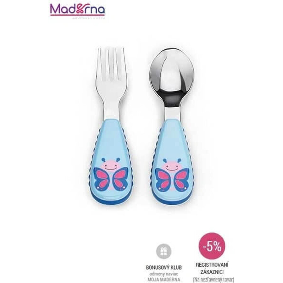 Cuchara y tenedor de acero inoxidable Zoo Butterfly 12m+ 1×1 ud, utensilios para niños