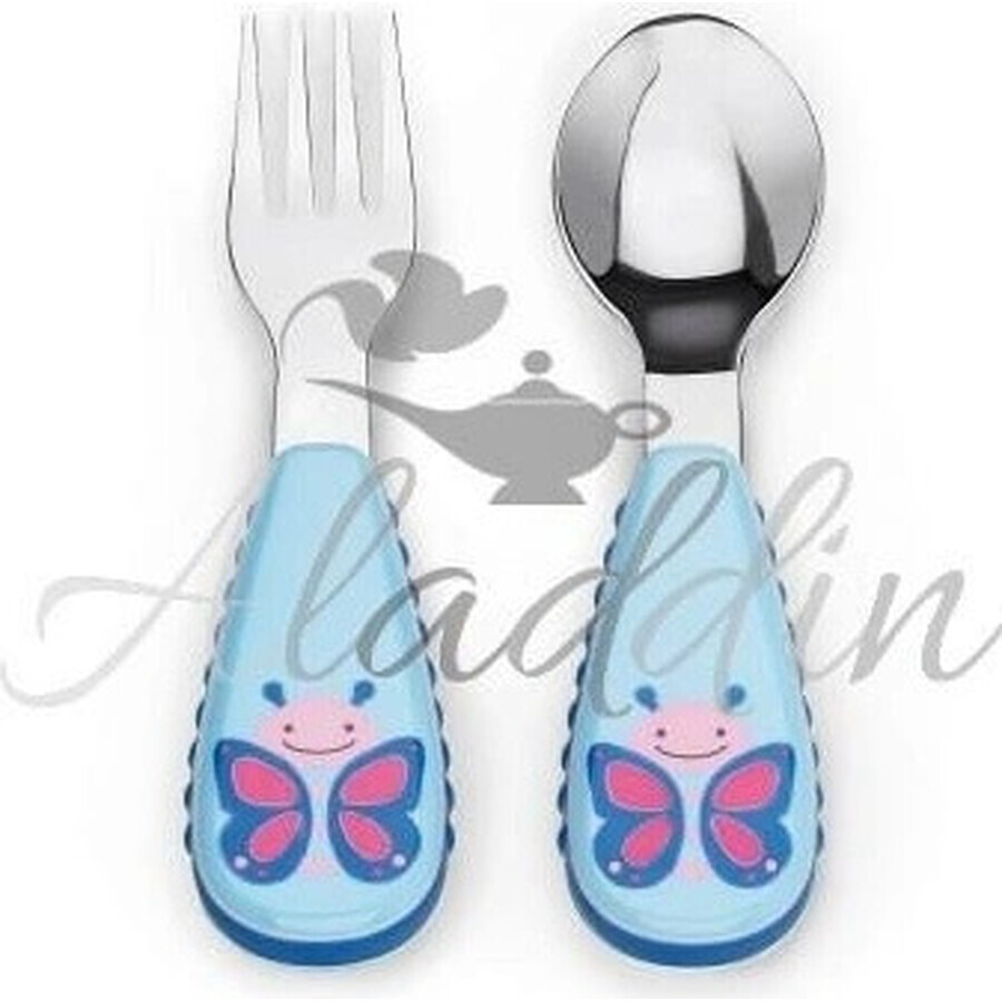 Cuchara y tenedor de acero inoxidable Zoo Butterfly 12m+ 1×1 ud, utensilios para niños