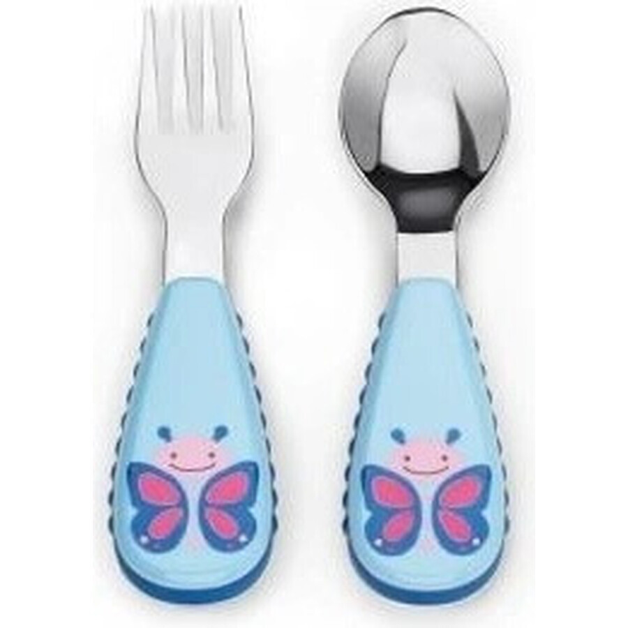 Cuchara y tenedor de acero inoxidable Zoo Butterfly 12m+ 1×1 ud, utensilios para niños