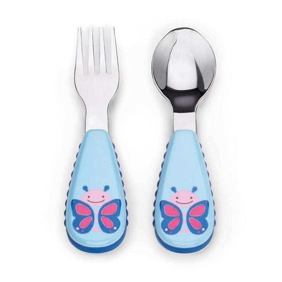 Cuchara y tenedor de acero inoxidable Zoo Butterfly 12m+ 1×1 ud, utensilios para niños