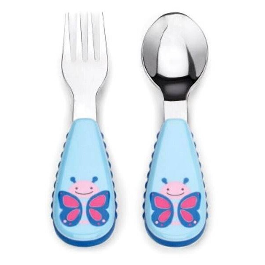 Cuchara y tenedor de acero inoxidable Zoo Butterfly 12m+ 1×1 ud, utensilios para niños