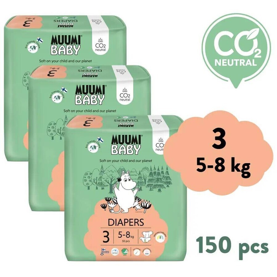 Muumi Baby 3 Midi 5-8 kg, pachet lunar de scutece ecologice 1×150pcs, Scutece ECO