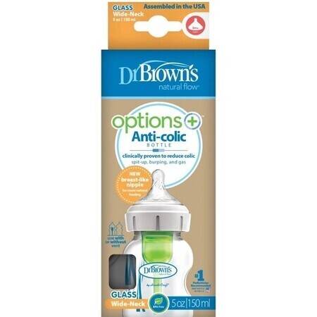 Biberon Dr. BROWN'S OPTIONS+ 150 ml 1×1 pc, avec col large, 0M+, anti-colique, verre, blanc