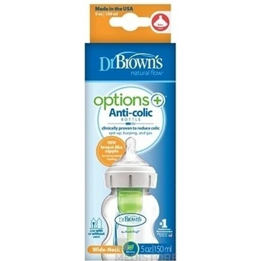 Biberon Dr. BROWN'S OPTIONS+ 150 ml 1×1 pc, avec col large, 0M+, anti-colique, verre, blanc