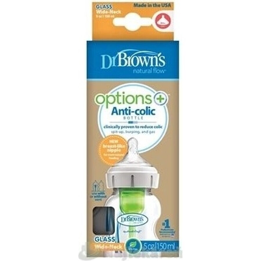 Biberon Dr. BROWN'S OPTIONS+ 150 ml 1×1 pc, avec col large, 0M+, anti-colique, verre, blanc