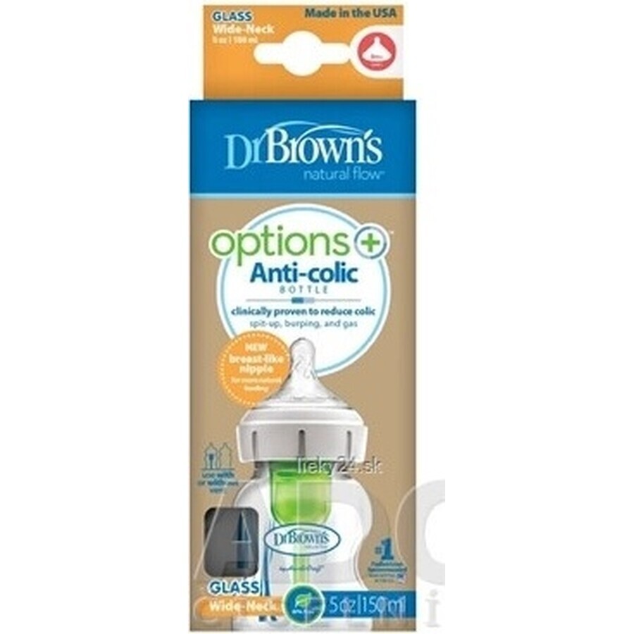 Biberon Dr. BROWN'S OPTIONS+ 150 ml 1×1 pc, avec col large, 0M+, anti-colique, verre, blanc