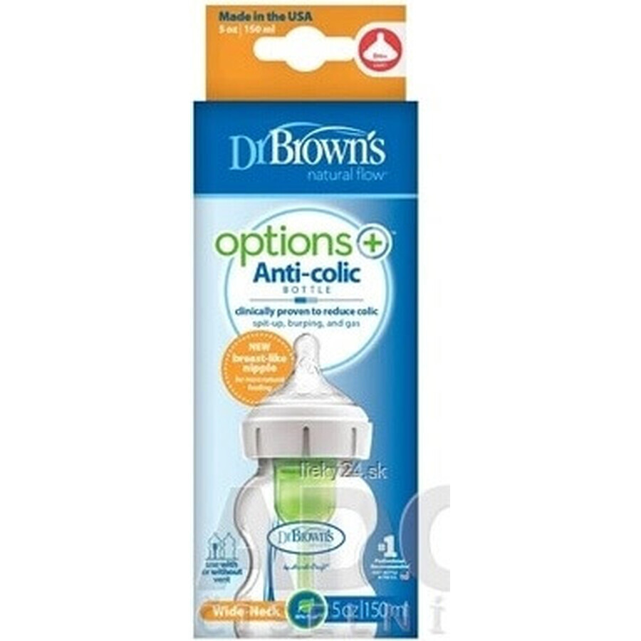 Biberon Dr. BROWN'S OPTIONS+ 150 ml 1×1 pc, avec col large, 0M+, anti-colique, verre, blanc