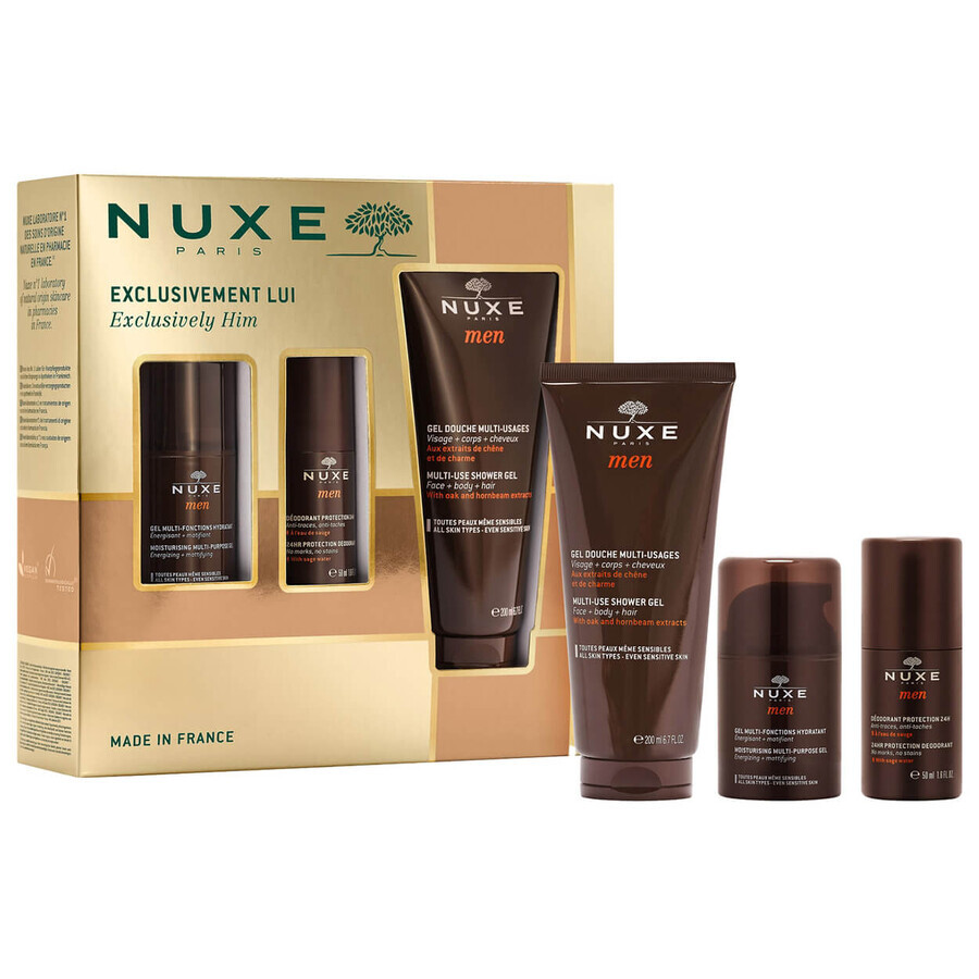 Nuxe Men set, gezichtshydraterende gel 50 ml + roll-on deodorant 50 ml + douchegel 200 ml