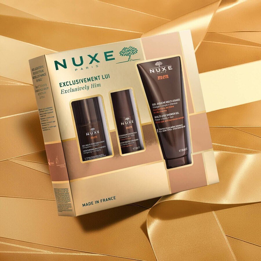 Nuxe Men set, gezichtshydraterende gel 50 ml + roll-on deodorant 50 ml + douchegel 200 ml