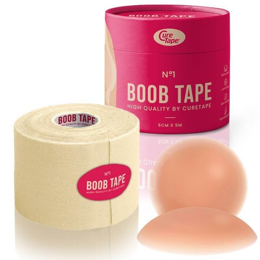 CureTape Boob Tape, elastic tape for shaping and supporting the bust with nipples, beige, 5 cm x 5 m, 1 pc