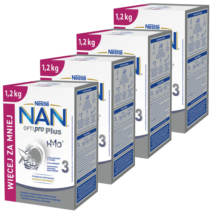 Nestlé NAN Optipro Plus 3 HMO produit à base de lait pour les enfants de plus d'un an, 4 x 1,2 kg