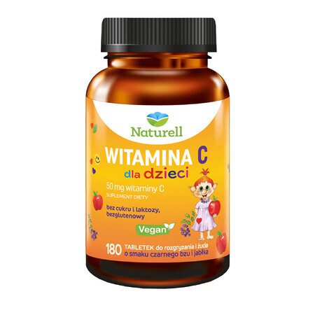 Naturell Vitamina C para niños mayores de 3 años, sabor saúco y manzana, 180 comprimidos masticables