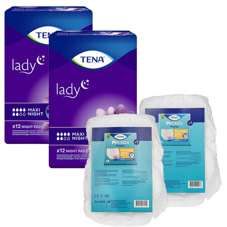 Tena Lady set, gespecialiseerd maandverband, Maxi Night, 2 x 12 stuks + ProSkin Pants Absorbent normal panty, maat M en L, 2 samples