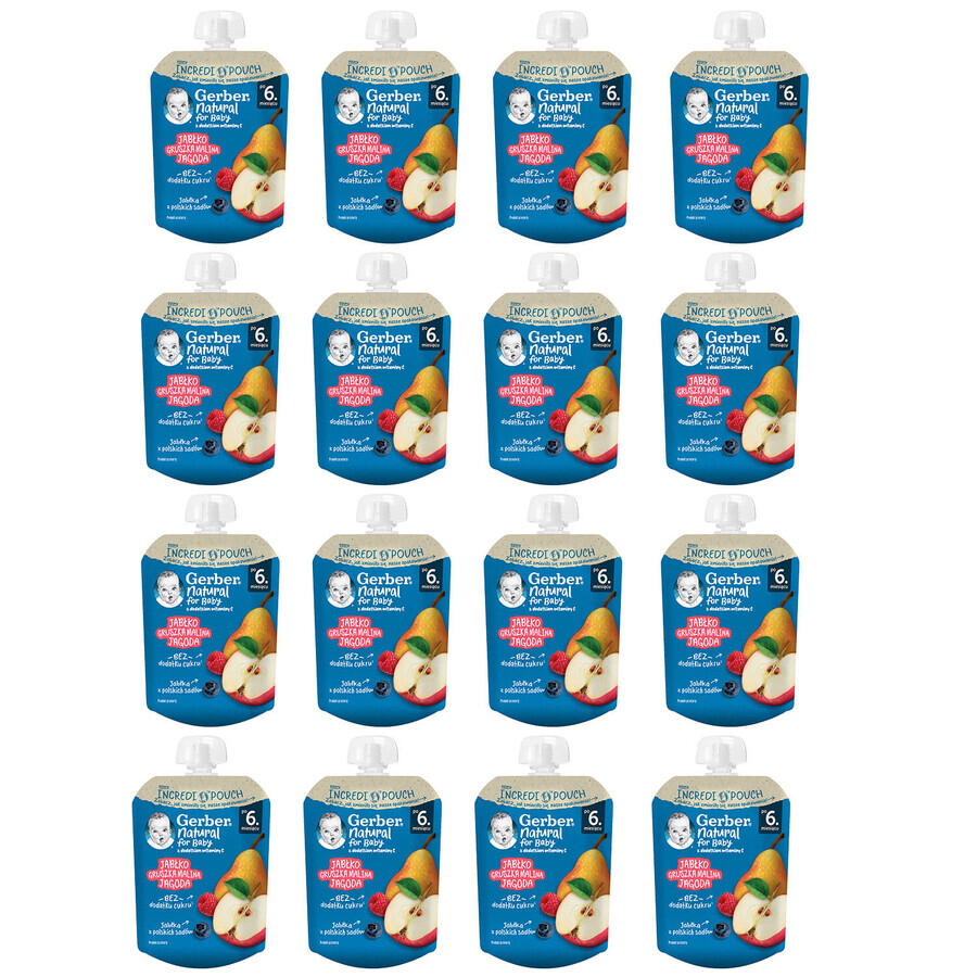 Gerber dessertset in een tube, appel, peer, framboos, bosbes, na 6 maanden, 16 x 80 g GEDECORISEERDE VERPAKKING