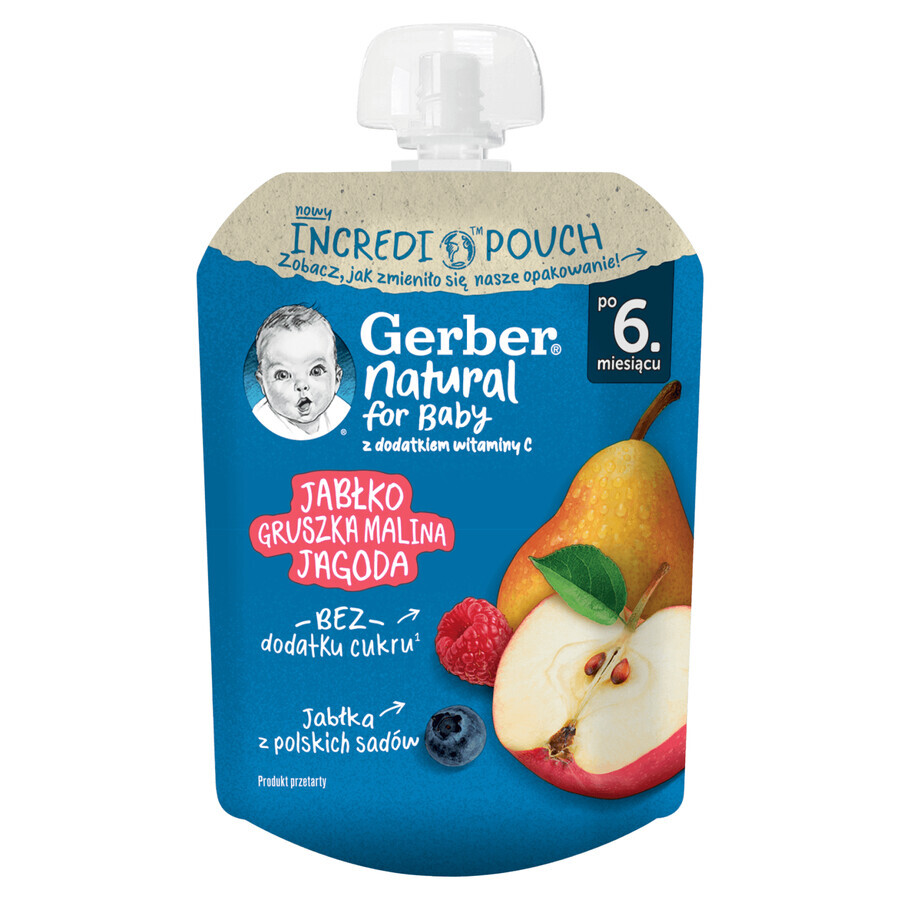 Gerber dessertset in een tube, appel, peer, framboos, bosbes, na 6 maanden, 16 x 80 g GEDECORISEERDE VERPAKKING