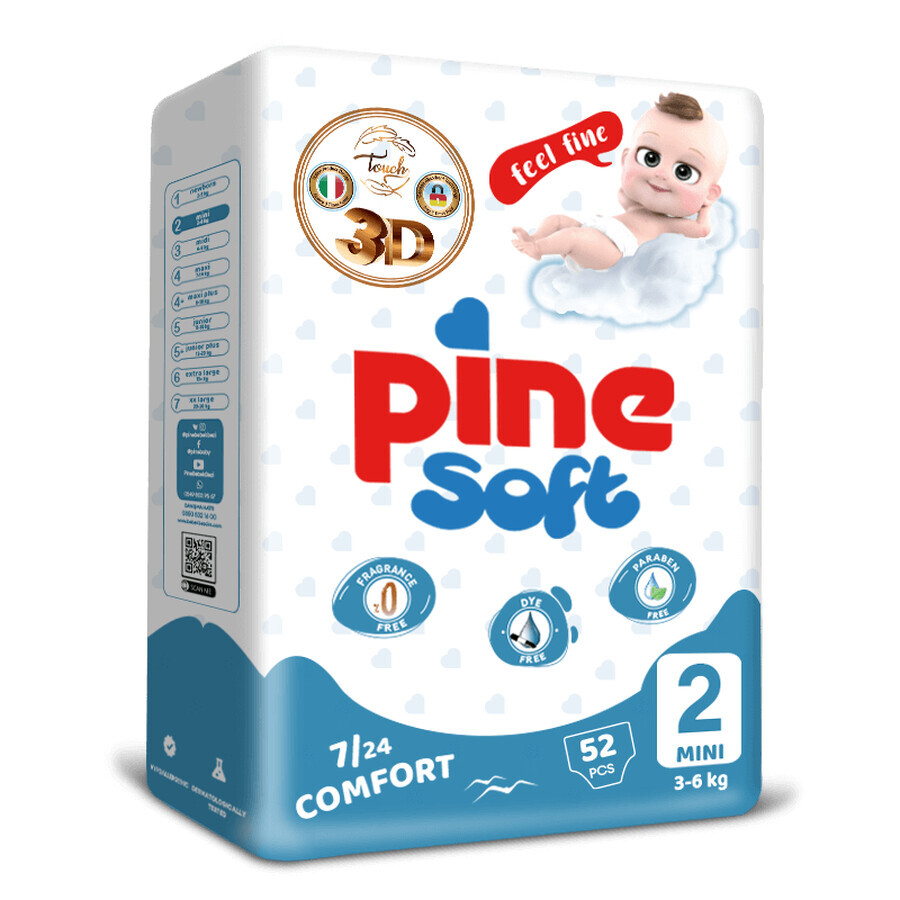 Pine Soft 3D, scutece, mărimea 2, Mini, 3-6 kg, 52 buc