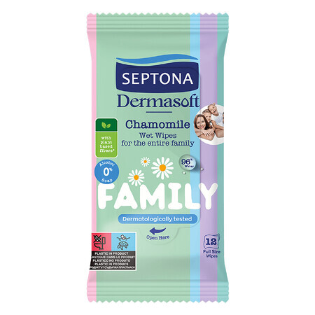 Septona Dermasoft, vochtige doekjes, kamille, 12 stuks