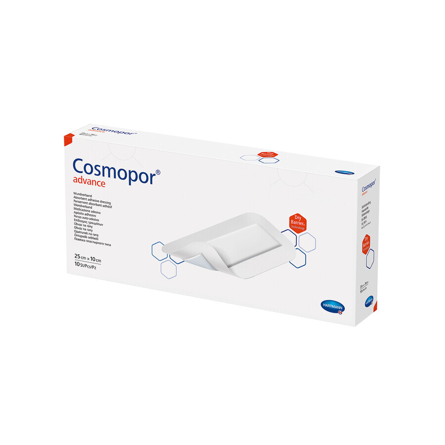 Cosmopor Advance, wound and cut dressing with strong exudate, self-adhesive, sterile, 25 cm x 10 cm, 10 pieces