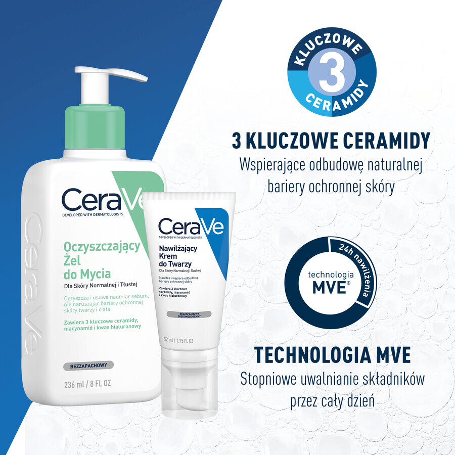 CeraVe gel de curățare cu ceramide, piele normală și grasă, 236 ml + cremă hidratantă cu ceramide pentru față, piele normală și uscată, 52 ml