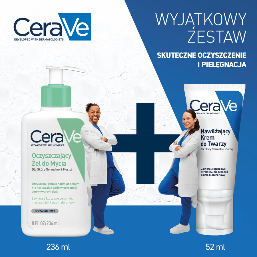 CeraVe gel de curățare cu ceramide, piele normală și grasă, 236 ml + cremă hidratantă cu ceramide pentru față, piele normală și uscată, 52 ml