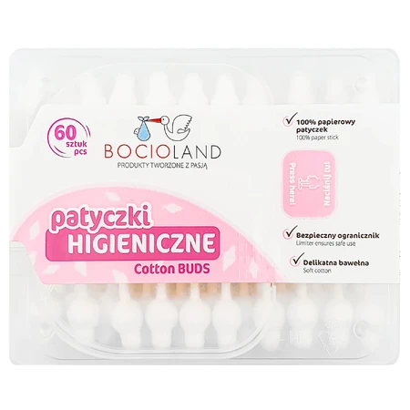 Bocioland, bawełniane patyczki do uszu z ogranicznikiem, 60 sztuk: ceny i cechy