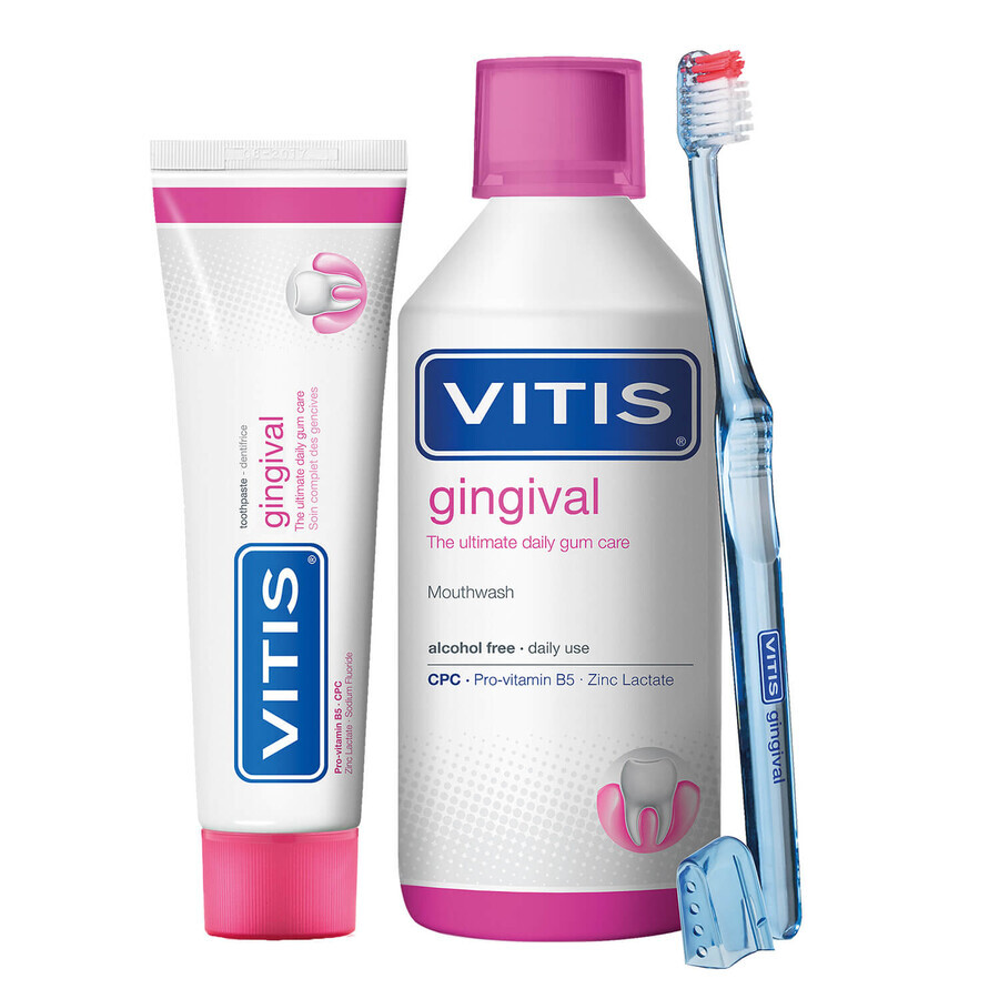 Kit Vitis Gingival, Mundspülung 500 ml + Zahnpasta 100 ml + Zahnbürste 1 St.