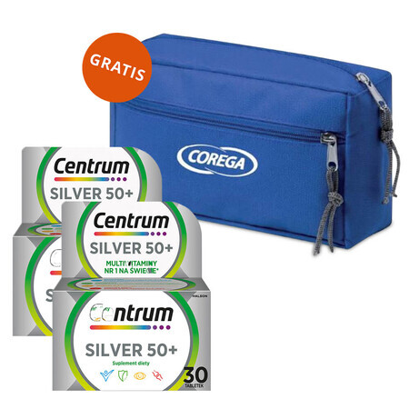 Centrum Silver 50+ kit, 2 x 30 tabletten + Corega, gratis cosmetisch reistasje