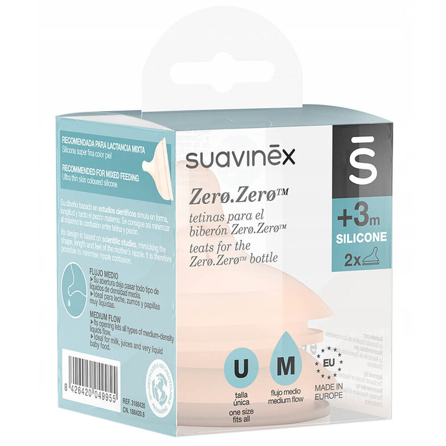 Suavinex Zero Zero, Flaschensauger, Silikon, Antikolik, mittlerer Durchfluss, Größe M, ab 3 Monaten, 2 Stück