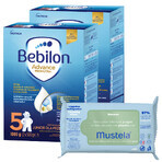 Set Bebilon Advance Pronutra 5 Junior, voedzame melkvoeding voor peuters, 2 x 1000 g + Mustela vochtige doekjes, 60 stuks gratis