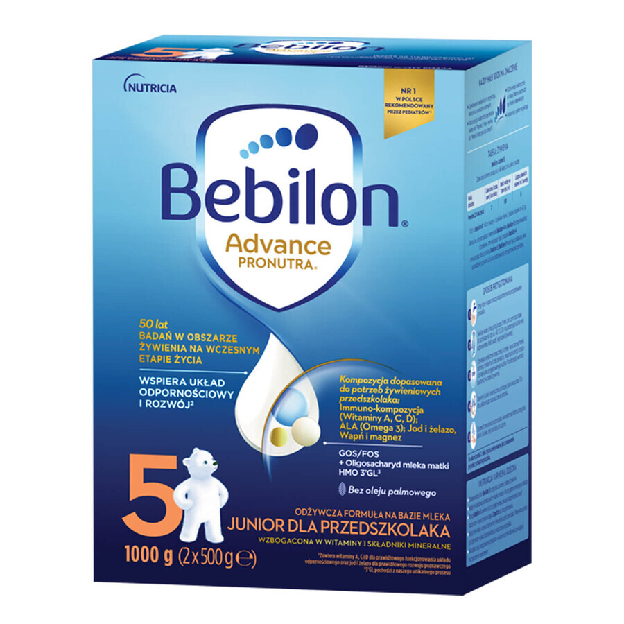 Set Bebilon Advance Pronutra 5 Junior, voedzame melkvoeding voor peuters, 2 x 1000 g + Mustela vochtige doekjes, 60 stuks gratis