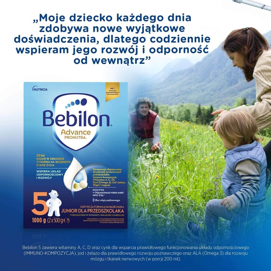 Set Bebilon Advance Pronutra 5 Junior, voedzame melkvoeding voor peuters, 2 x 1000 g + Mustela vochtige doekjes, 60 stuks gratis