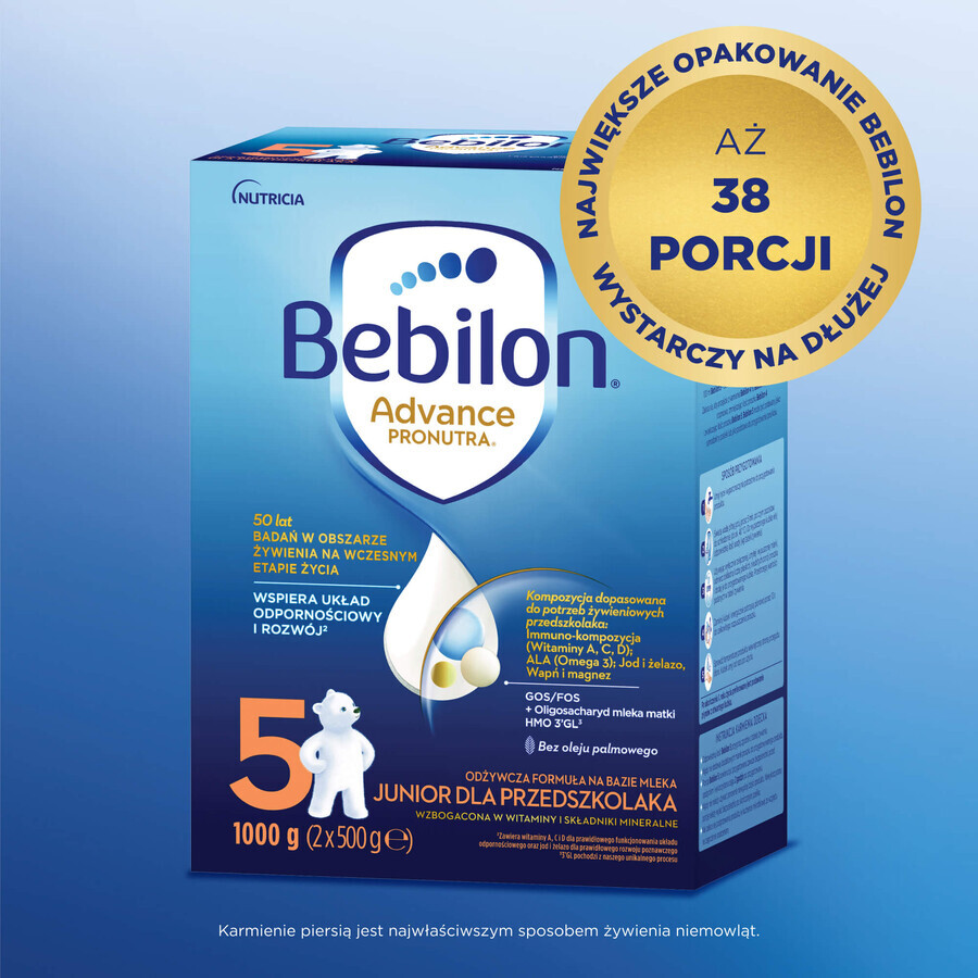 Set Bebilon Advance Pronutra 5 Junior, voedzame melkvoeding voor peuters, 2 x 1000 g + Mustela vochtige doekjes, 60 stuks gratis