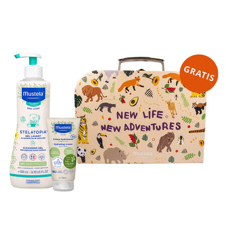 Mustela Stelatopia set, Mustela Stelatopia douchegel vanaf de geboorte, 500 ml + hydraterende gezichts- en lichaamsverzorging vanaf de geboorte, 150 ml + doos, 1 gratis