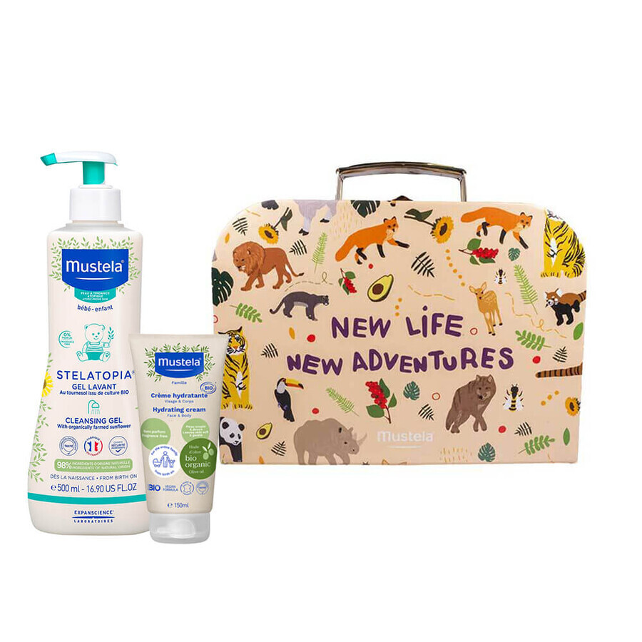 Mustela Stelatopia set, Mustela Stelatopia douchegel vanaf de geboorte, 500 ml + hydraterende gezichts- en lichaamsverzorging vanaf de geboorte, 150 ml + doos, 1 gratis