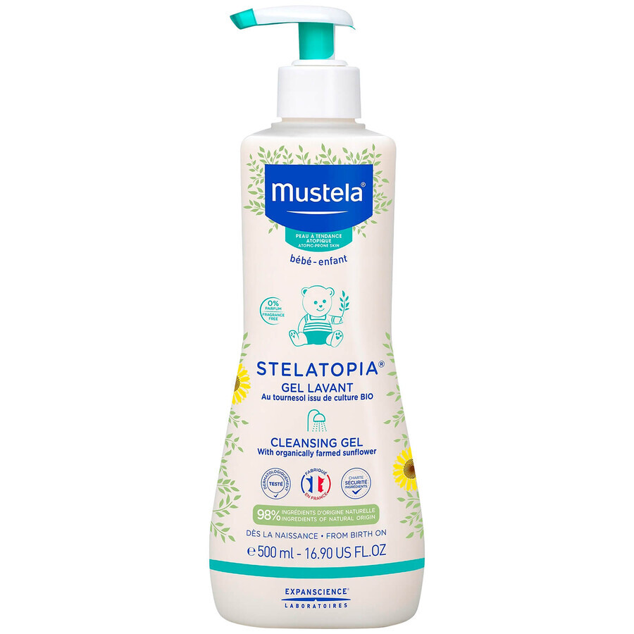 Mustela Stelatopia set, Mustela Stelatopia douchegel vanaf de geboorte, 500 ml + hydraterende gezichts- en lichaamsverzorging vanaf de geboorte, 150 ml + doos, 1 gratis