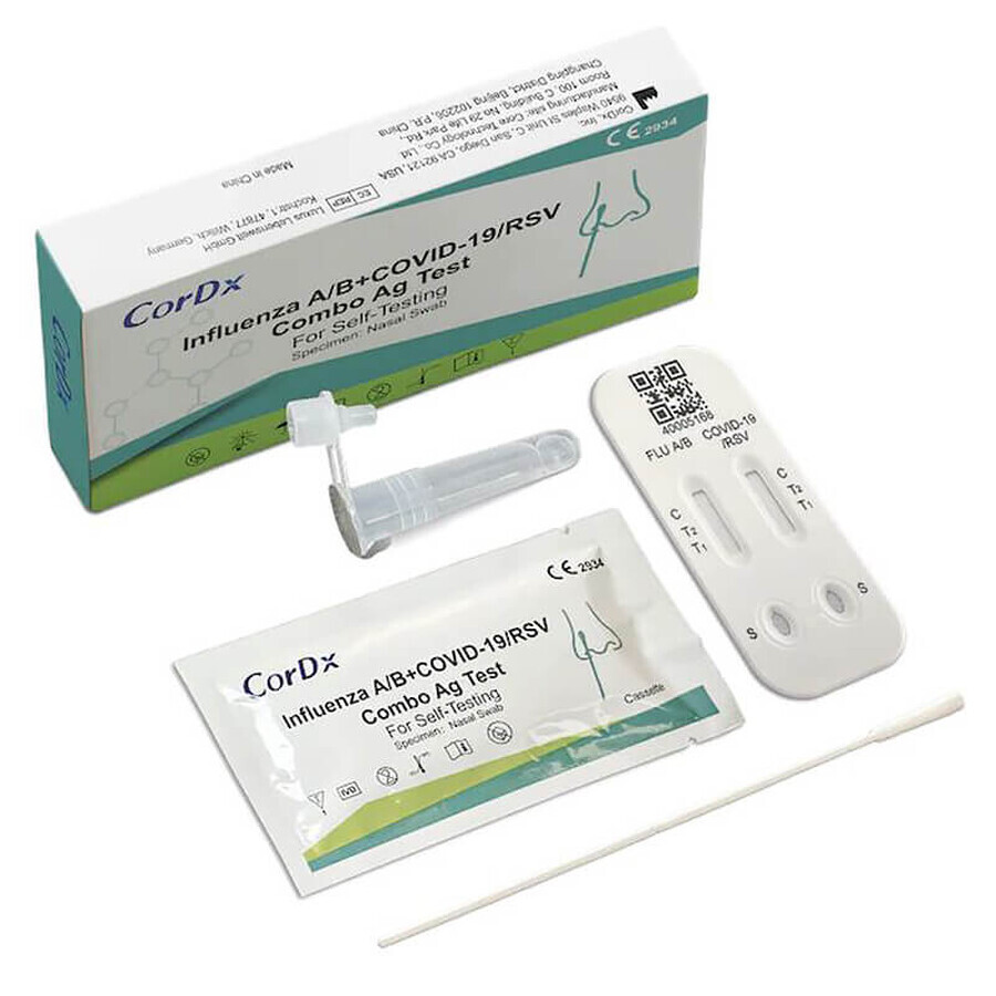 CorDx Influenza A/B + COVID-19/RSV Combo Ag, antigeentest voor 4 virussen, 1 st