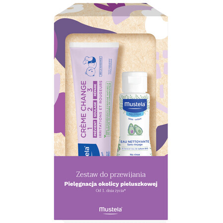 Mustela Verschoningsset, reinigingswater, niet spoelen, 100 ml + 1-2-3 crème, vanaf de geboorte, 100 ml