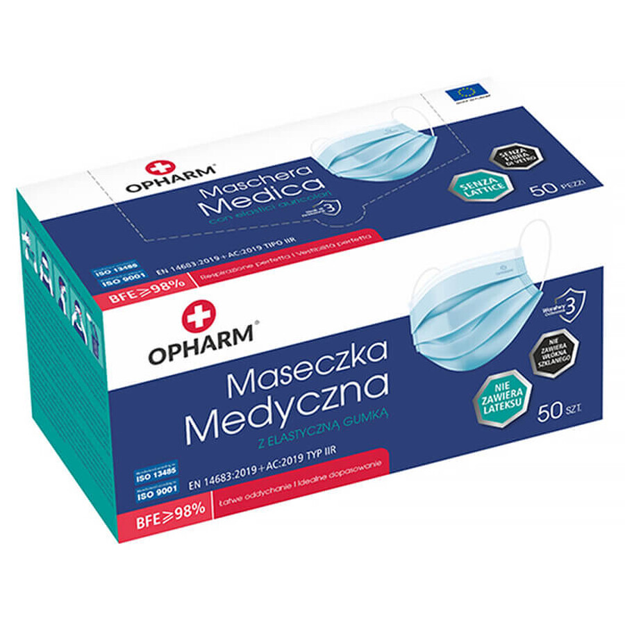 Opharm, maschera medica, monouso, 3 strati, tipo IIR, blu, 50 pezzi