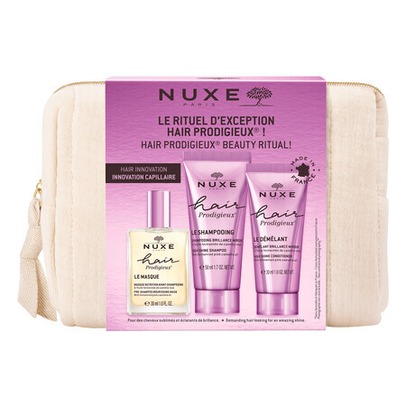 Nuxe Haar Prodigieux set, voedend masker, 30 ml + glans shampoo, 50 ml + glans conditioner, 30 ml + make-up tasje