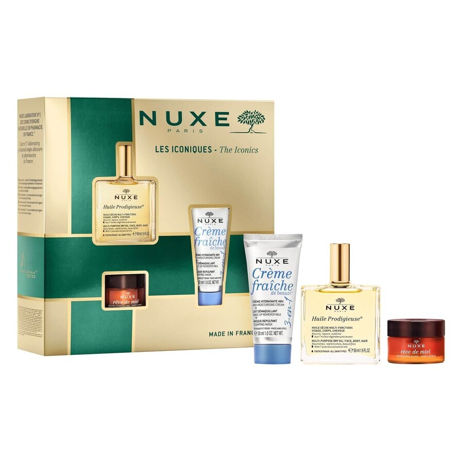 Nuxe Bestsellers set Huile Prodigieuse, dry oil, 50 ml + nourishing lip balm, 15 g + 3-in-1 moisturizing cream, 100 ml