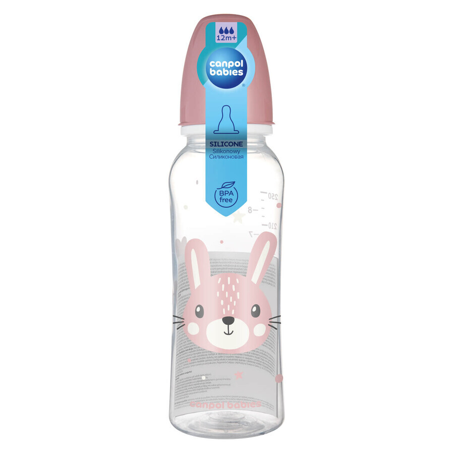 Canpol Babies, thin bottle, Cute animals, pink, from 12 months, 250 ml